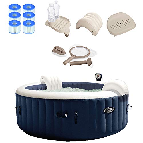 Intex 28405E PureSpa 58" x 28" 4 Person Home Outdoor Inflatable Portable Heated Round Hot Tub Bubble Jet Spa with 6 Filter Cartridges, Seat Insert, Headrest, Drink Holder Tray and Maintenance Kit